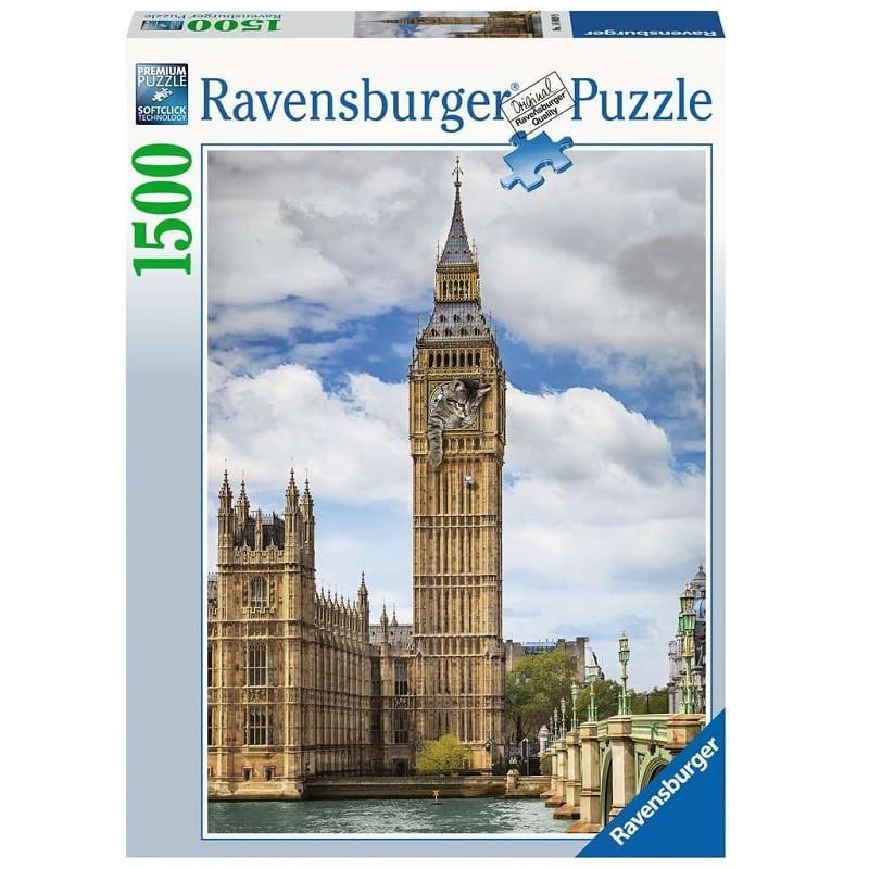 Ravensburger - Puzzle 2D 1500 elementów: Zabawny kot na zegarze Big Ben